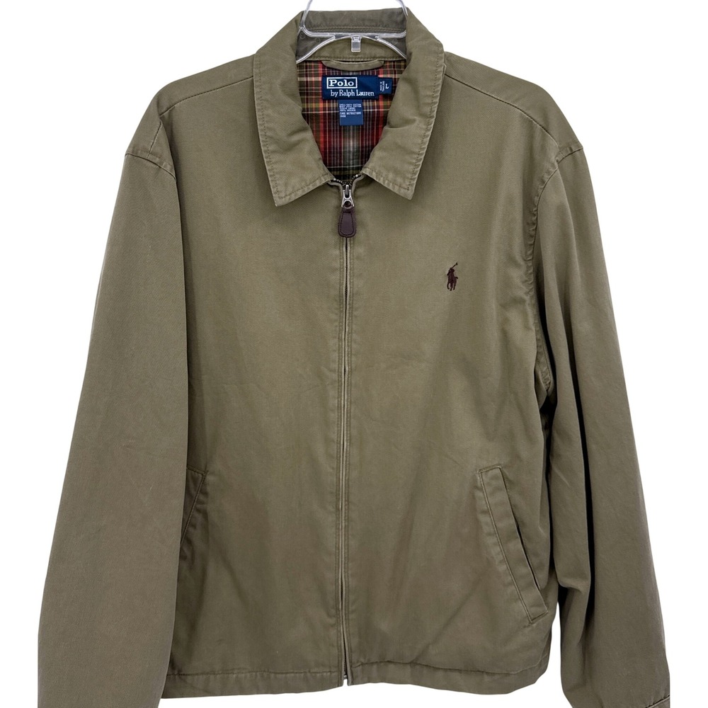 VTG Polo Ralph Lauren Mens Harrington Bomber Jacket L Olive Green Plaid Lined